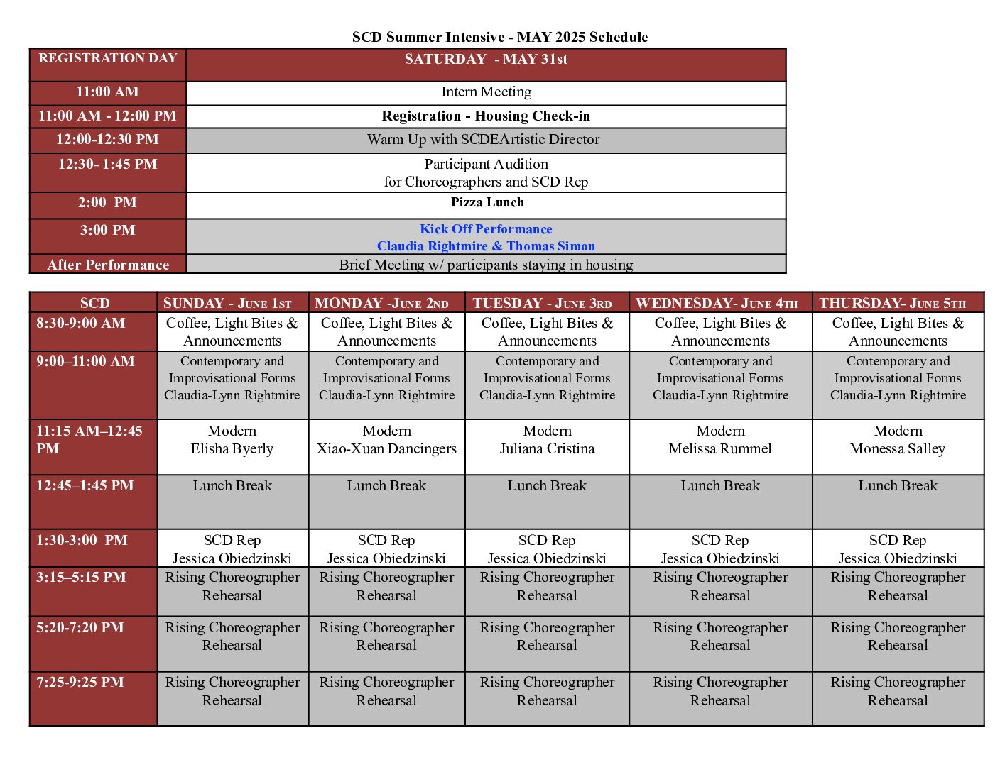 Participant May 2025 SCD Summer Schedule